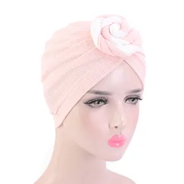 2020 Top Knotted Cotton Turban For Women Solid Color Headwrap Muslim Ladies Headwear Hat Flower Decor Bandanas Hair Accessories
