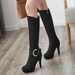 Hot style -Pus size 33 To 42 43 Sexy designer knee high boots with buckle high heel winter shoes 10cm