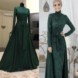Green Arabic Dark Full Lace Muslim Dresses With Detachable Train High Neck Long Sleeve Formal Dress Evening Gowns Wear Robes
