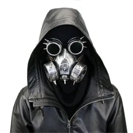 Steampunk Metallic Luster Gas Mask med Goggles Retro Cosplay Creepy Death Mask Helmet för Halloween Costume JK2009XB