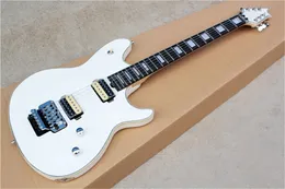 Chitarra elettrica bianca personalizzata di fabbrica con hardware cromato, tastiera in palissandro, doppio ponte rock, personalizzabile