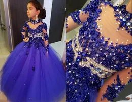 Flower personalizado Girl Dress mangas compridas Cristais Beading gola alta Puffy Tulle princesa de aniversário de criança vestido Pageant Vestidos