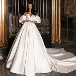 Classy A Line Short Sleeves Wedding Dresses V Neck Bridal Gowns Sweep Train Satin robe de mariée