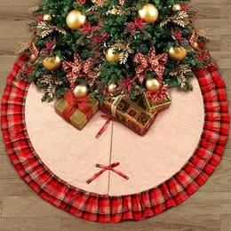 Christmas Tree Skirts Bowknot Patchwork Decoraciones De Navidad Home Pad Red Lattices Linen Ornament Festival Supplies Christmas Decorations