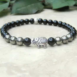 MG0716 6 mm Onice nero e pirite Gemma Bracciale Elefante Bead Mala Healing Bracciale Womens Tibetan Good Luck Bracciale