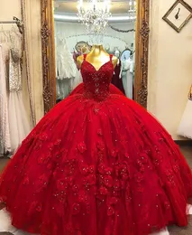 Red Hand Made Flowers Prom Quinceanera Dresses Applique Beaded Spaghetti V-neck Ball Gown Sweet 16 Dress Girls Graduation Pageant Gowns