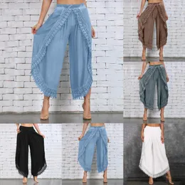 Women's Pants & Capris Lady Wear Mori Girl Elastic Waist Lace Crochet Wide Leg Calf-length Cotton Trousers Hippie Boho Women 2021