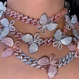 Butterfly Cuban Link łańcuchy Naszyjniki 12 mm bling dhinestone lodowany wisiorek luksusowy srebrny złotą różową biżuterię modną modną biżuterię