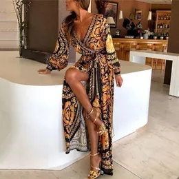 2020 Kobiety Floral Print Spring Boho Dresses 2020 Nowy Z Długim Rękawem V Neck Długa Dress Party Beach Holiday Club Sukienki Sundress