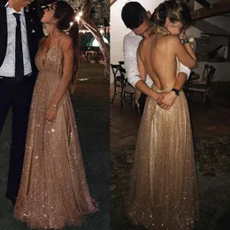Nya Sexiga Spaghetti Straps V-Neck Backless Prom Klänningar 2020 Rose Gold Sequin Long Aftonklänning A-Line Champagne Formella Party Gowns