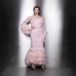 Ziad Nakad Gorgeous Evening Dresses Pink Feather Hand Made Flower Ruched Tulle Custom Made Prom Dress Long Sleeves Formal Party Gowns