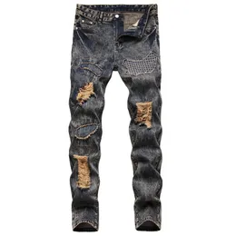 Mäns Jeans Casual Men Slim Hole Zipper Balck Byxor Ripped Patch Solid Skinny Destroyed Frayed Fit Denim Pant
