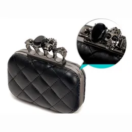 New-Fashion Woman Leather Evening Clutch Hand Bags Creepy Skull Rings Handbag Halloween Party Chain Shoulder Bag Plaid Purse XA219H