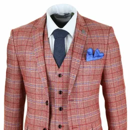Borgonha Mens Suits 3 peça Tweed check terno ternos Herringbone Wine inteligente Vintage Red Peaky Blinders Terno Masculino Noivo