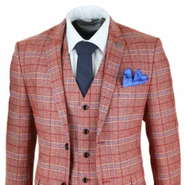 Burgundia Męskie Garnitury 3 Sztuka Tweed Check Garnitur Herringbone Vintage Smart Wine Red Peaky Blinders Terno Masculino Bardegroom Garnitury