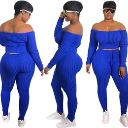 Tvådeliga klänning Kvinnor 2 Set Stickade Slash Neck Top Leggings Byxor Passar Full Sleeve TrackSuit Outfits Club Sportwear