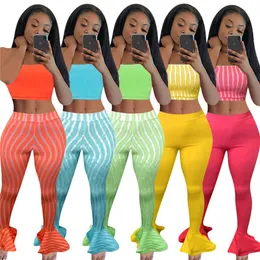 Plus size 2X Summer Women stripe tube top bell-bottoms pants two piece set sleeveless strapless tank top flared pants casual tracksuits 3594