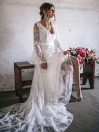 Pełna Koronkowa Boho Suknie Ślubne Princess Suknie ślubne 2021 Linia Bell Długi Rękaw Seksowna Backless Country Bride Dress Robe de Mariage