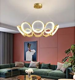 Golden creative indoor LED round chandelier modern minimalist villa hotel bedroom restaurant light remote control dimming