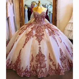 Champagne Pink Organza Sweet 16 Quinceanera Dresses Sequined Applique Beaded Sweetheart Pageant Dress Mexican Girl Birthday Gown