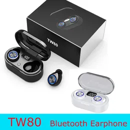 最新のTW80 TWSヘッドフォンBluetooth 5.0イヤホンHIFIステレオイヤーボーススポーツハンズフリーゲームヘッドセットオートペアリングイヤホンLEDディスプレイ付き