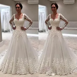 Branco Boho Um casamento linha de vestidos de manga comprida Alças Lace Applique Vestidos de casamento Trem da varredura robe de mariée