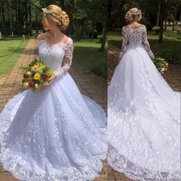 New Arabic Luxury A Line Wedding Dresses Sheer Neck Lace Appliques Crystal Beads Long Sleeves Zipper Back Court Train Plus Size Bridal Gowns