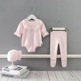 2020 Spring Fall Baby Barnkläder Klättring Långärmad Rundkrage Romper + Pant + Hat Infant Nya Born Rompers 0-2T