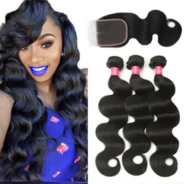 Mink Brasileiro Virgem cabelo com fecho 3 Bundles Brazilian Body Wave cabelo com 4x4 Lace Fechamento Não processado Real Humano Weave