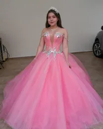 Elegant Coral Quinceanera Dresses Ball Gown Crystal Rhinestones Organza Pleated Long Sequined Sweet 16 Vestidos De Prom Dress C76