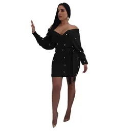 2020 Höst Batwing Full Sleeve Av Axel V-Neck Beading Sashes Stickad Mini Sexig Midi Dress Plus Storlek 6 Färger Lady Dresses