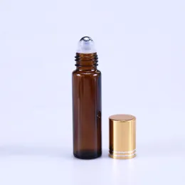Amber Essential Oil Roller Flaskor Set med rostfria stålbollar Guldlockar 10ml Läcktät glasrulle på flaska med rullboll för parfym