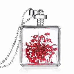 Silver Square Dry Flower Dried Flowers Locket Necklace Pendants Natural Plant Red Dried Flowers Necklaces For Women Jewelry 7 colors