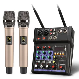 FreeShipping 4Channels Audio Mixer с помощью UHF Microphone Sound Mixing Rec Bluetooth USB Record 48V Phantom Power DJ Mixer