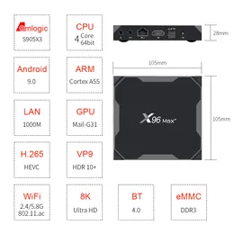 X96 Max Plus TV Kutusu Android 9.0 Amlogic S905X3 4GB RAM 32GB 64GB ROM WiFi Bluetooth 4K HD Akıllı Set Üst Kutusu
