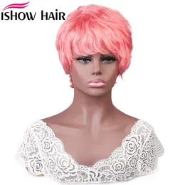 Ishow Parrucche per capelli umani a onda dritta brasiliana con frangia Parrucche per costume da ragazzo rosa caldo Parrucche peruviane colorate Nessuna Parrucca di pizzo bagnata e ondulata