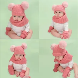 2021 novo bebê crianças inverno chapéu chapéu lenço e luvas meninas de malha quente Beanie Beanie com círculo de pesca círculo lenço crochet chapéu 3 pcs / set