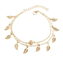 Tassel Leaf podwójna warstwa łańcucha kostki Bracelets Letnie łańcuchy stóp plażowych Bransoletka Modna biżuteria dla kobiet woli i piaszczyste