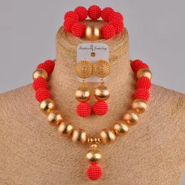 イヤリングネックレス赤ファッションアフリカの手作りビーズナイジェリア結婚式ジュエリーセット模造真珠メスイヤリングブレスレットxx-29