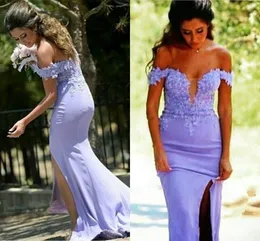 Lavender Off Ramię Długie Suknie Druhna Dla Aplikacji Top Side Split Mermaid Formalne Dresses Custom Made Evening Gown Z79