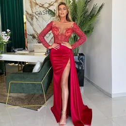 Fashion Red Mermaid Beaded Prom Dresses Sheer Bateau Neck Side Split Long Sleeves Evening Gowns Satin Sweep Train Formal Dress