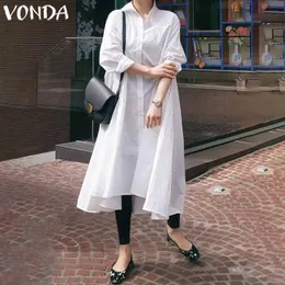 VONDA Solid Dress Women Casual Loose Turn-down Collar Asymmetrical Shirt Dress 2020 Ladies Sexy Split Hem Party Vestidos S-5XL