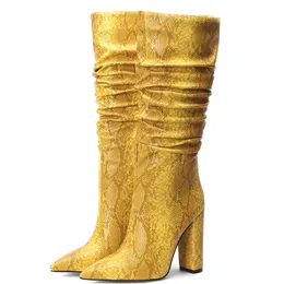 Hot Sale- Solid color Zipper boots Retro Women Shoes Spring Leather Snakeskin Thick Heels Boots Mid-calf Pointed Toe Sexy Popular 11cm Boots