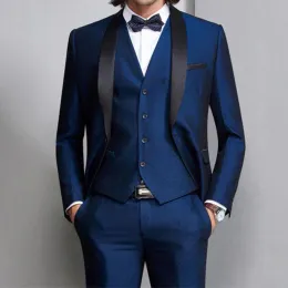 Navy Blue Men Passar För Bröllopsdräkt Man Blazers Black Shawl Lapel Slim Fit Groom Tuxedos 3piece Senaste Coat Pant Designs Costom