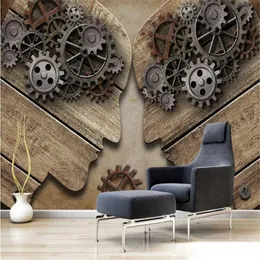 Milofi custom 3D wallpaper mural European and American style retro industrial gear personality wood grain background wall