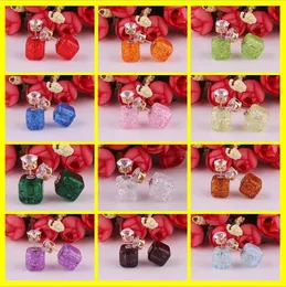 New Fashion Women Paragraph Earrings Double Side Shining square bead (8mm 16mm) Stud Earrings Square crystal Earrings 12 color selection