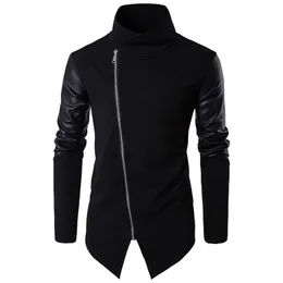 2020 New Spring Men Cotton Warm Slim Hoodies Leather Stitching Clothes Solid Color Sweatshirts Stand Collar Outerwear Tops Y