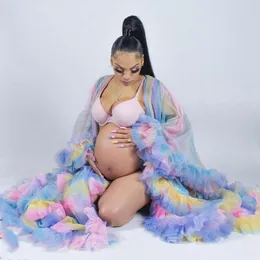 2021 Rainbow Rates Maternity Plus Size Kobiety Sheer Długi Prom Dresses Wielopięciowy Tulle Photoshoot Suknie Dostosuj