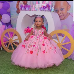 Pembe Balo Boncuklu Çiçek Kız Elbise Düğün Şeffaf Bateau Boyun 3D Aplike Yarışması Abiye Tül ilk komünyonu Elbise İçin