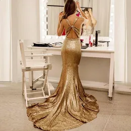 Sexy Cheap Champagne Sequins Mermaid Prom Dresses Deep V Neck Sweep Train Open Back Formal Dresses Evening Party Wear ogstuff vestidos